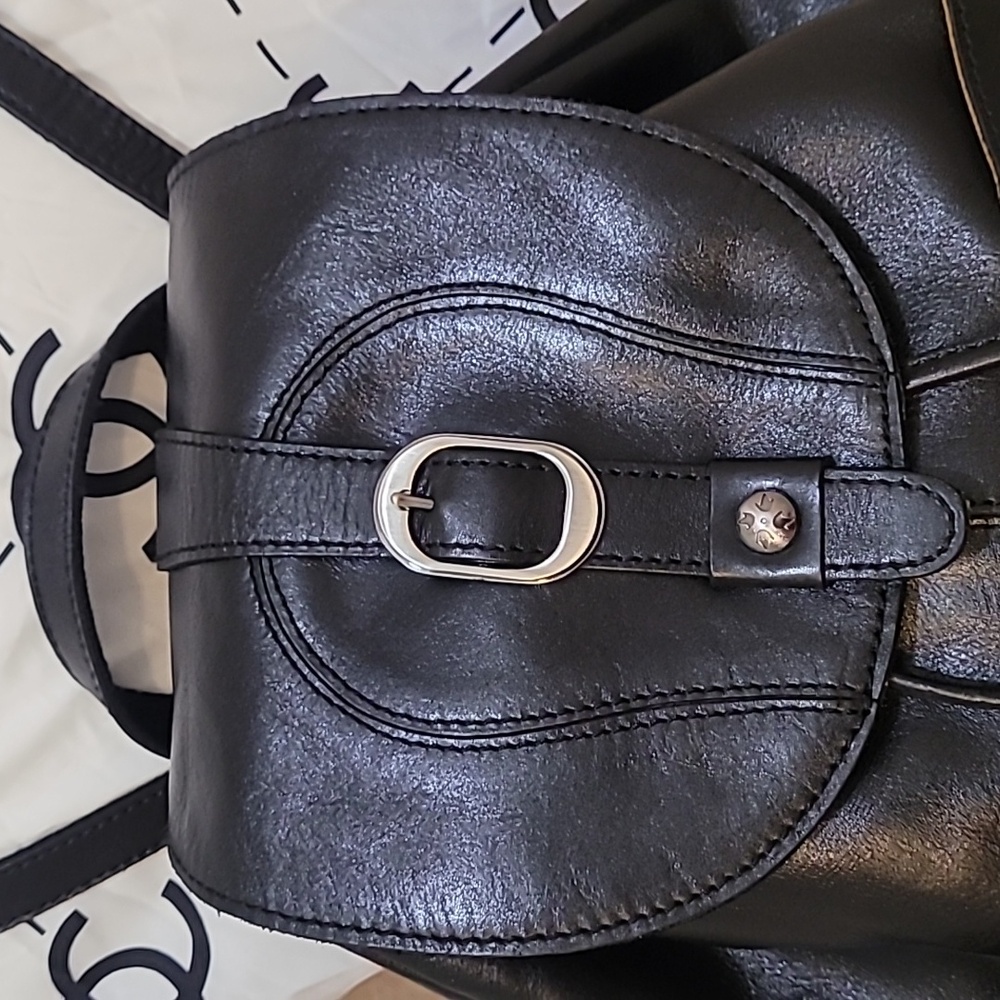 Patricia Nash Black Leather Drawstring Backpack with Front Buckle - Picture 2 of 8